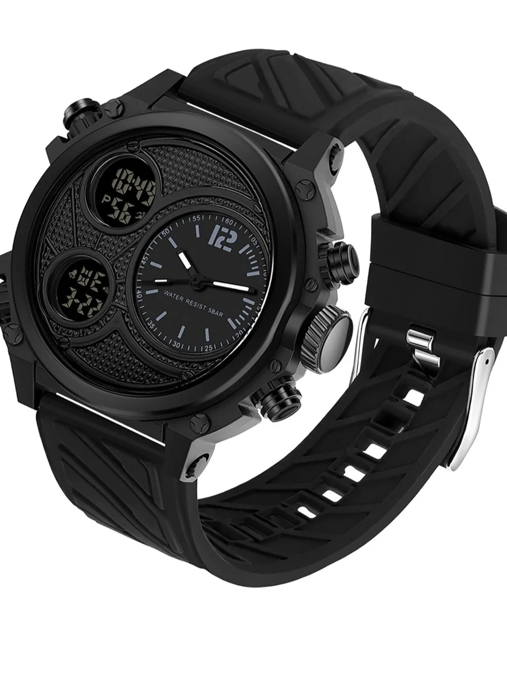 Men's Digital Analog Watch with Dual Time Zones, Stopwatch, Alarm, Countdown